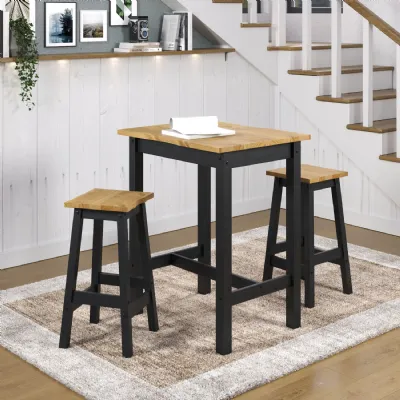Black Wood Oak Top Small High Bar Table Set with 2 Stools