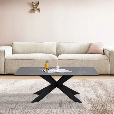 Modern Black Ceramic and Glass Top Rectangular Coffee Table with Iron Legs