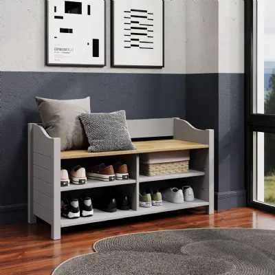 Grey Pine Large Storage Shoe Bench Oak Top