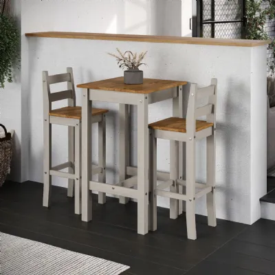 Grey Wood Oak Top Small High Bar Table Set with 2 Stools