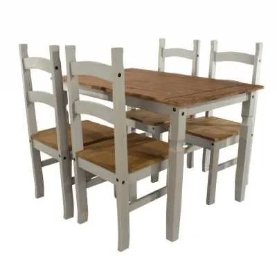 Corona Grey Painted Pine 150cm Kitchen Dining Table and 4 Chair Set Natural Wood Top