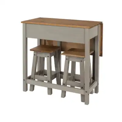 Modern Pine and Grey Painted Drop Leaf Dining Table Set with 2 Stools