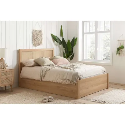 Brown Oak 135cm Double Ottoman Bed Rattan Headboard
