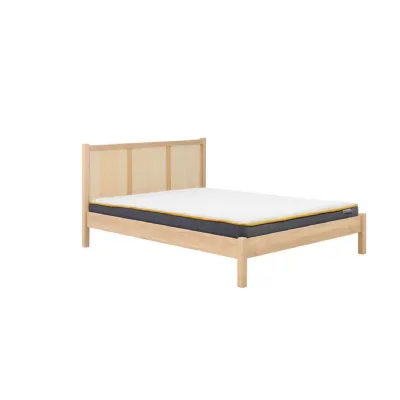 Brown Oak Effect Wood Double Low Bed Rattan Headboard