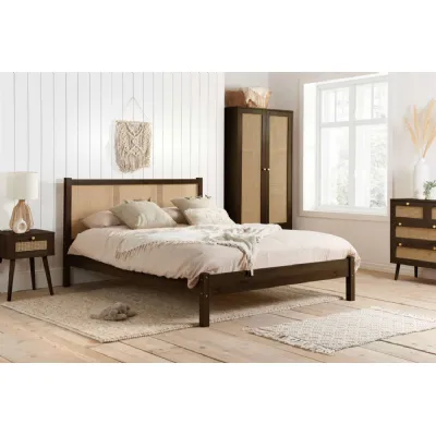 Walnut Effect Wood Double Low Bed Rattan Headboard