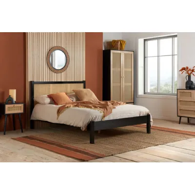 Black Wood King Size Low Bed Ornate Rattan Headboard