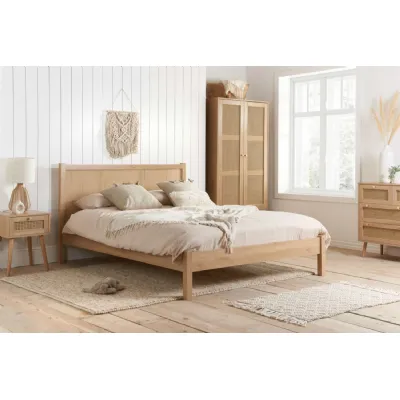 Oak Effect Wood 5ft King Size Low Bed Rattan Headboard