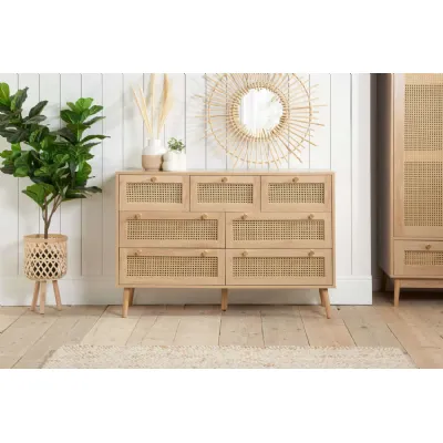 Oak Effect Wood Wide 3 Over 4 Chest of Drawers Rattan Front