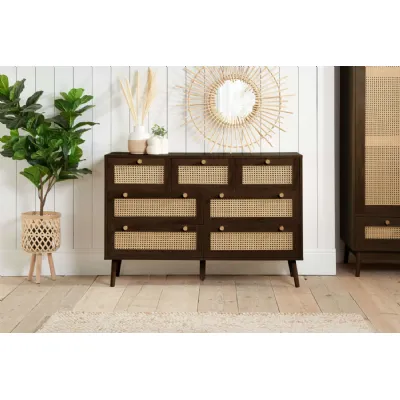 Walnut Effect Wood 3 Over 4 Chest of Drawers Rattan Front