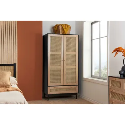 Black Wood 2 Door 1 Drawer Double Wardrobe Rattan Front