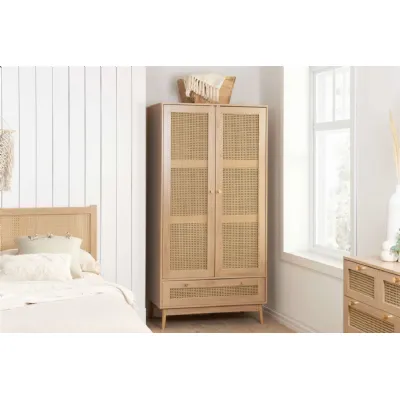 Oak Effect Wood 2 Door 1 Drawer Double Rattan Wardrobe