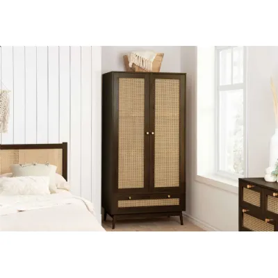 Walnut Effect Wood 2 Door 1 Drawer Double Rattan Wardrobe
