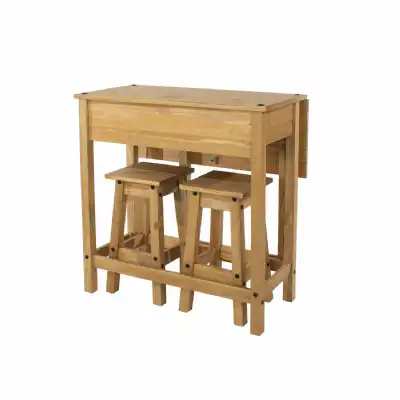 Compact Waxed Pine Breakfast Drop Leaf Kitchen Dining Table 2 Stools Set