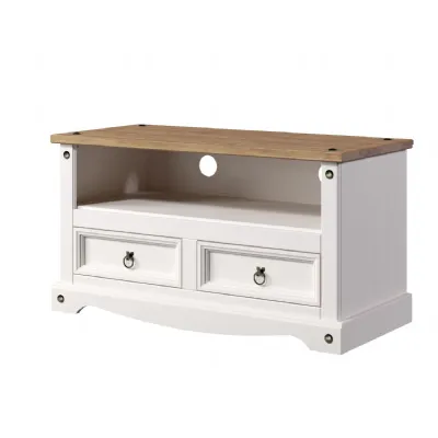 White Flat Screen TV Media Unit Antique Wax Oak Top