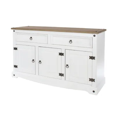 White 3 Door 2 Drawer Medium Sideboard Antique Wax Oak Top