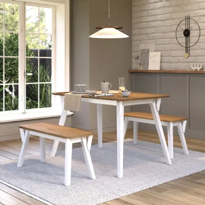 White and Waxed Pine 120cm Dining Table Set with 2 Benches