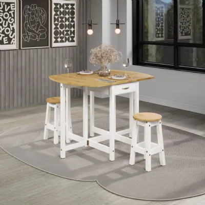 White and Oak Wood Drop Leaf Oval Gateleg Table Set 2 Stool