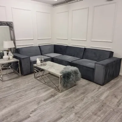 Modern Blue Fabric Upholstered 4 Seater Corner Sofa with Deep Seating