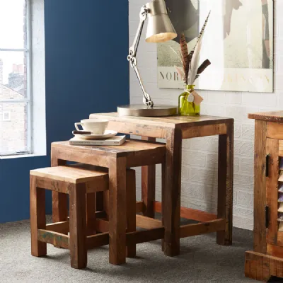 Reclaimed Wood Handmade Nest of 3 Side Tables