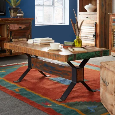 Reclaimed Wood Top Rectangular Coffee Table Cross Metal Legs