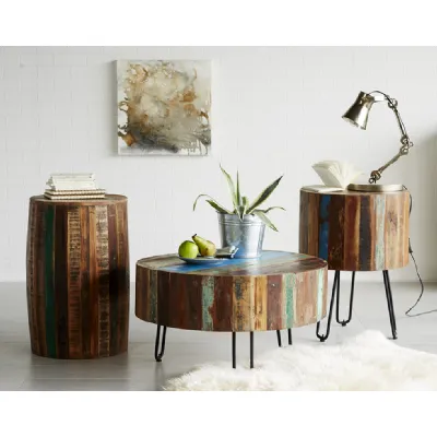 Reclaimed Wood Round Drum Shaped Coffee Table Hairpin Legs