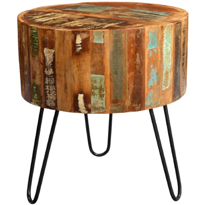 Reclaimed Wood Drum Shaped Round Lamp Table Metal Legs