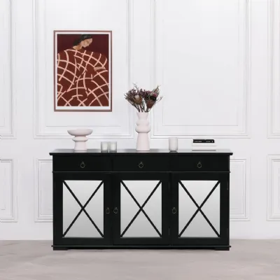 Black Wood Wide Oriental Sideboard with Mirrored Doors