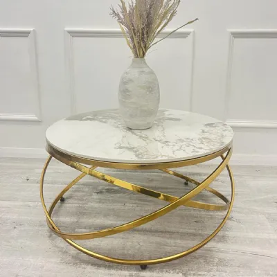 Modern Pandora Sintered Stone Top Round Coffee Table with Gold Metal Frame