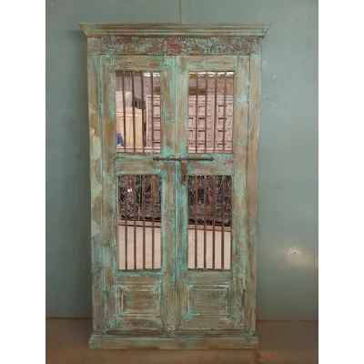 Distressed Wood Finish Antique Blue Shutters with Mirror Detail