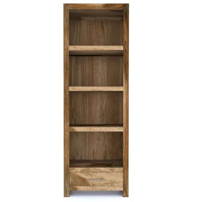 Modern Natural Solid Mango Wood 3 Shelf Bookcase with Drawer