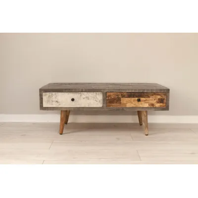 Natural Mixed Distressed Wooden 2 Drawer Low Console Table
