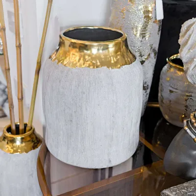 Grey Ceramic Round Small Pot Melted Gold Top