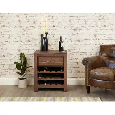 Walnut Open Wine Drinks Storage Rack With Drawer Dark Wood Finish