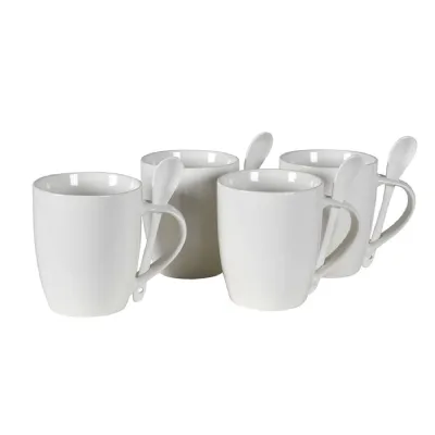 Set of 4 Bone China Mugs with Spoons