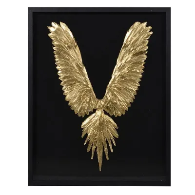 Modern Wall Art Gold Bird Feather Wings Set In Black Frame