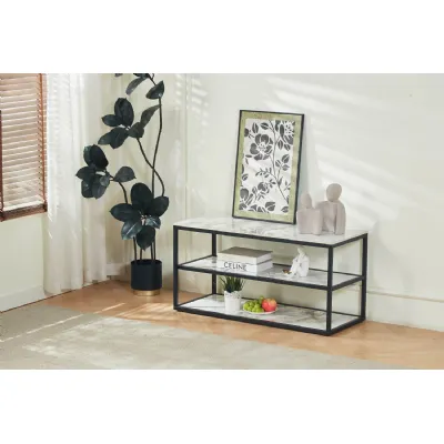 White Marble Effect Stone TV Media Unit Metal Framed
