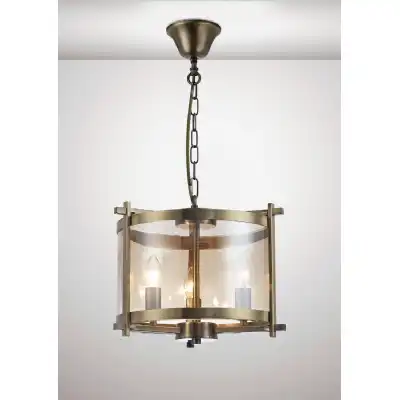 Nolan Single Small Pendant 3 Light E14 Antique Brass Amber Glass