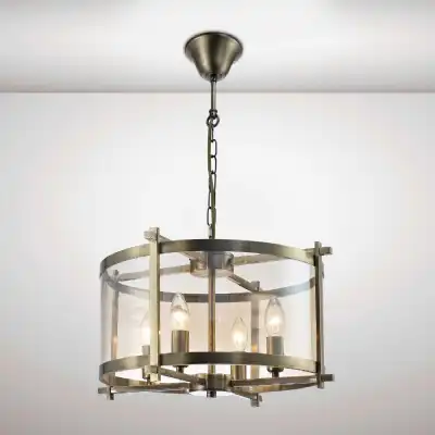 Nolan Single Medium Pendant 4 Light E14 Antique Brass Amber Glass