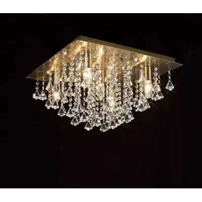 Acton Flush Ceiling 5 Light E14, 460mm Square, Antique Brass Prism Crystal