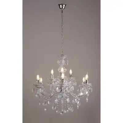 Floria Chandelier With Acrylic Sconce And Acrylic Droplets 6+3 Light E14 Polished Chrome Finish