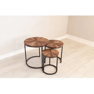 Natural Mango Wood Round Nest of 3 Tables Metal Framed