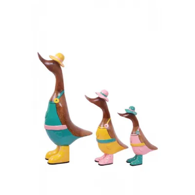 Brown Set of 3 Gardener Ducks Set with Multicolour Accents