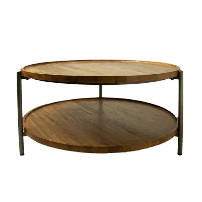 Modern Round Mango Wood and Metal Coffee Table with Open Shelf