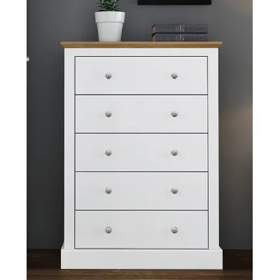 White Chest of 5 Drawers Oak Top Traditional Design