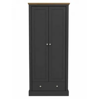 Traditional Charcoal Painted 2 Door Double Wardrobe with Oak Effect Top
