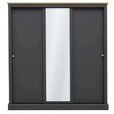 Charcoal Painted Oak Effect Top Triple Sliding Wardrobe with Central Mirror