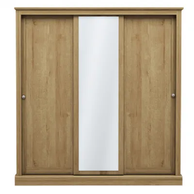 Traditional Oak Effect Large Triple Sliding Wardrobe with Central Mirror