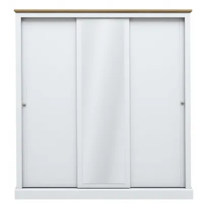 White Painted 3 Door Sliding Centre Mirror Wardrobe Oak Top