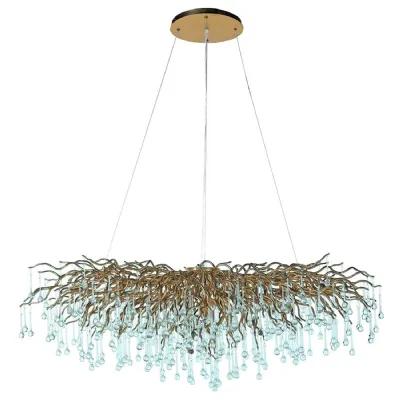 Extra Large Antique Painted Gold Branch Hand Drawn Aqua Glass Droplet Chandelier