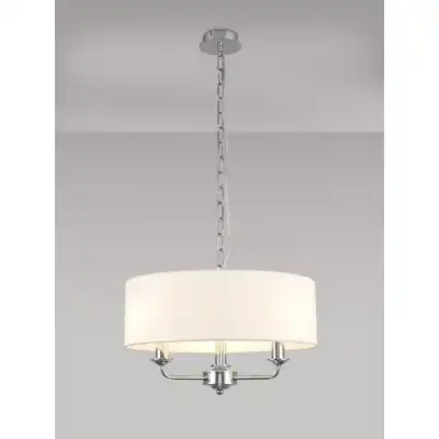 Banyan 3 Light Multi Arm Pendant, c w 1.5m Chain, E14 Polished Chrome c w 450mm Faux Silk Shade, White